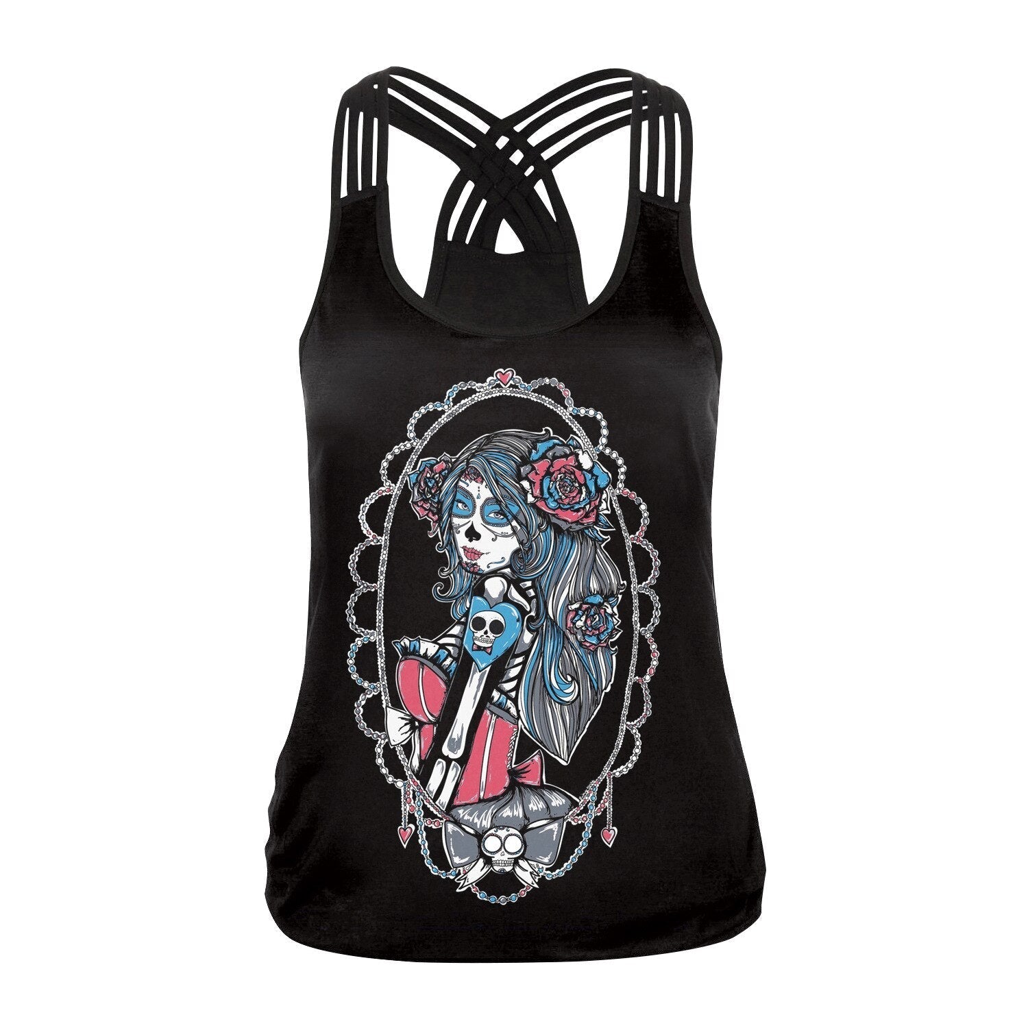 Sugar Skull Tank Top for Women / Halloween Fashion / Gothic Style Back Cross Sleeveless Vest #9 - HARD'N'HEAVY