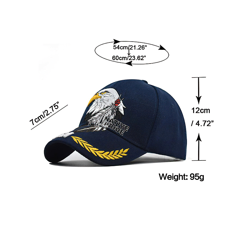 Navy eagle embroidered baseball cap dimensions and weight showing summer style for both men and women.