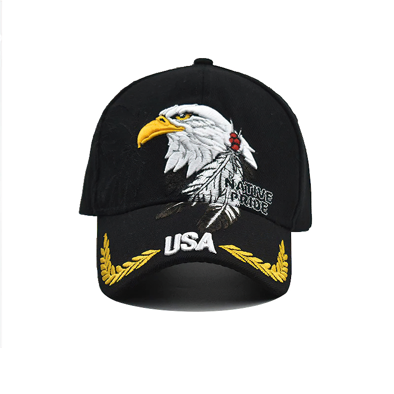 Black summer baseball cap with eagle embroidery and USA lettering, perfect for men and women.