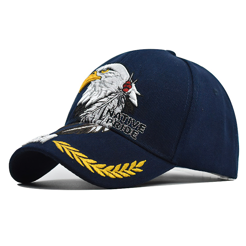 Navy blue baseball cap featuring eagle embroidery and 'Native Pride' lettering, perfect for summer wear.