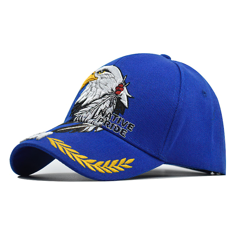 Blue baseball cap with eagle embroidery and "Native Pride" lettering, perfect for summer wear for men and women.