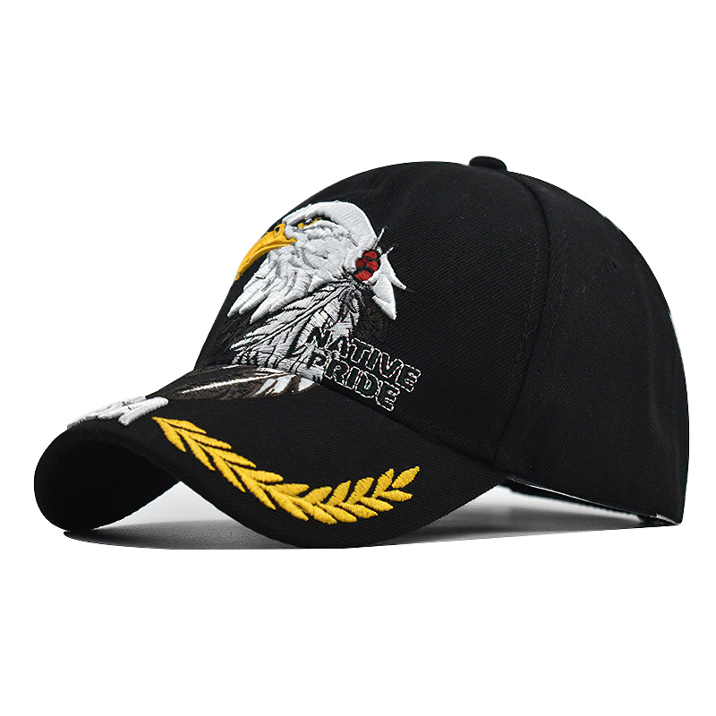 Black summer baseball cap with eagle embroidery and Native Pride lettering, unisex design for men and women.