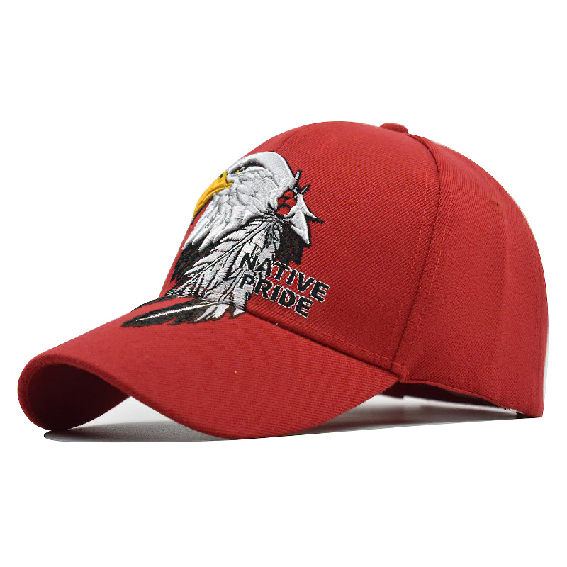 Red baseball cap with eagle embroidery, perfect summer accessory for men and women.