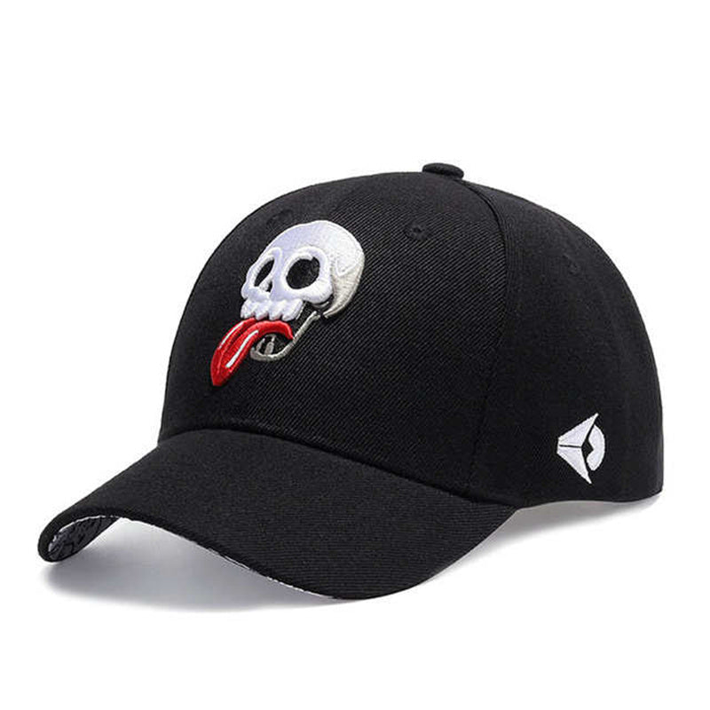 Summer baseball cap with cartoon skull design, adjustable strap, stylish alternative fashion accessory for men and women.
