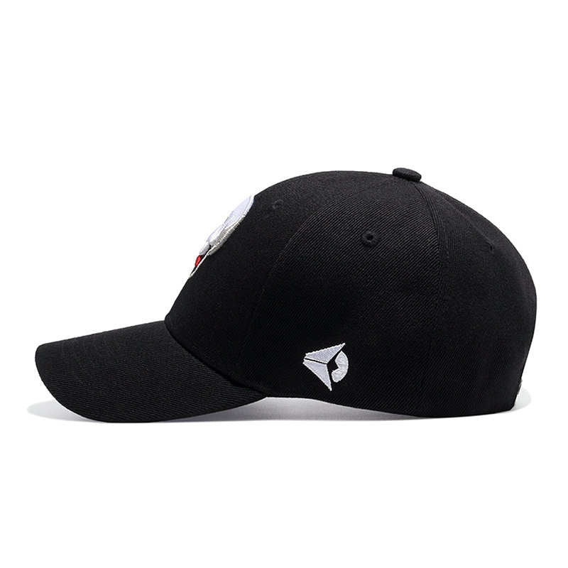 Side view of a black summer baseball cap featuring a cartoon skull design, perfect for casual and alternative fashion.