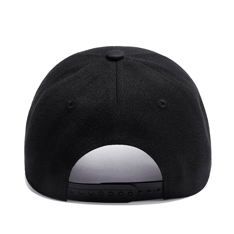 Back view of a black summer baseball cap with adjustable strap, perfect for casual outdoor fun.