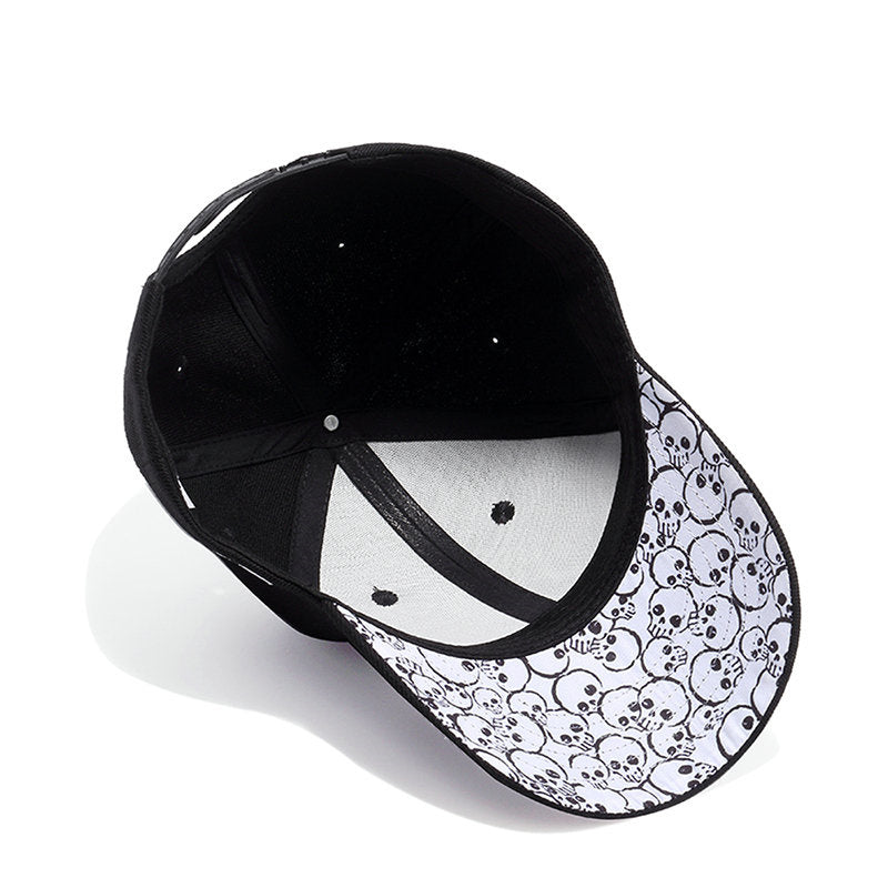 Inside view of a summer baseball cap featuring a playful skull print, perfect for alternative fashion lovers.