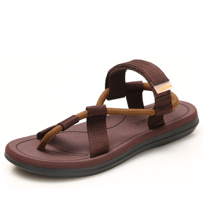 Unisex summer beach sandals, gladiator style flip flops with T-strap design in brown color, perfect for casual wear.