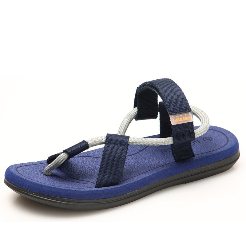 Summer beach shoes in navy blue, unisex gladiator flip flops with comfortable slip-on design.