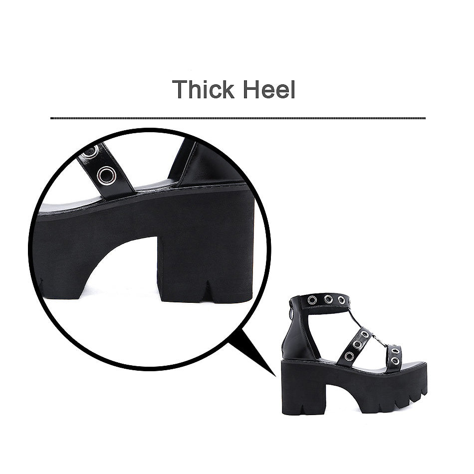 Summer Black Gothic Platform Sandals / Open Toe Buckle Strappy Women's Sexy Shoes with Rivets - HARD'N'HEAVY