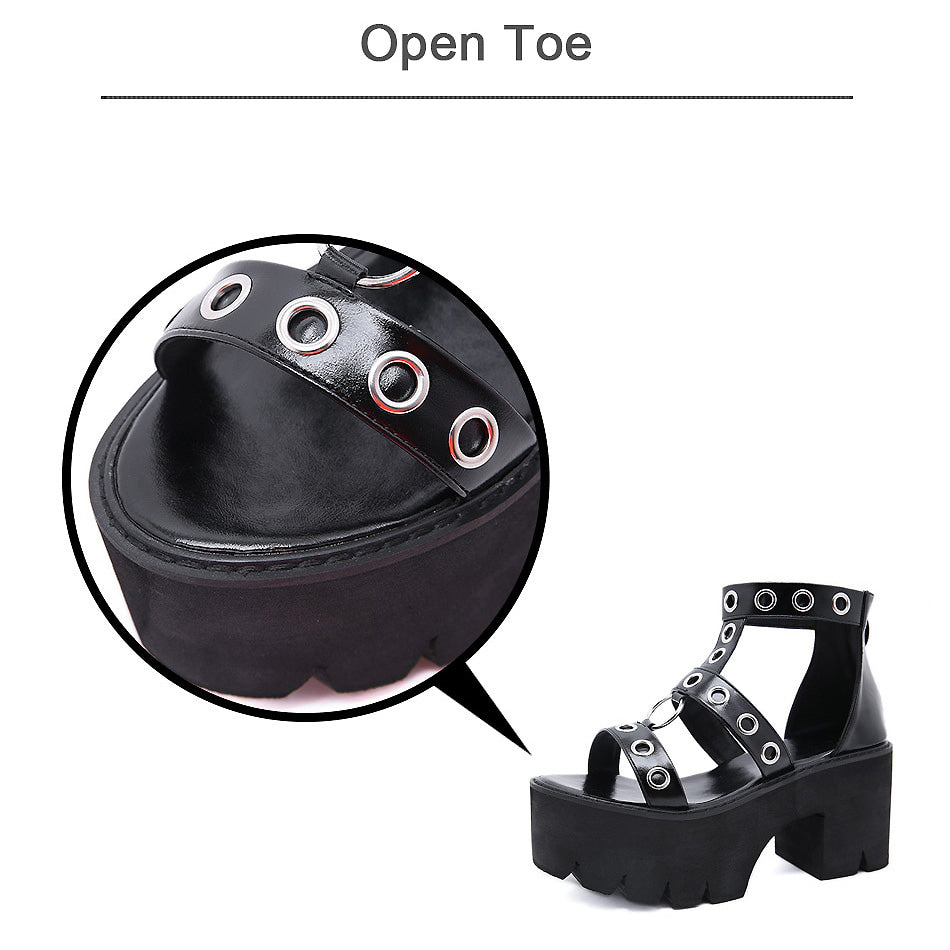 Summer Black Gothic Platform Sandals / Open Toe Buckle Strappy Women's Sexy Shoes with Rivets - HARD'N'HEAVY
