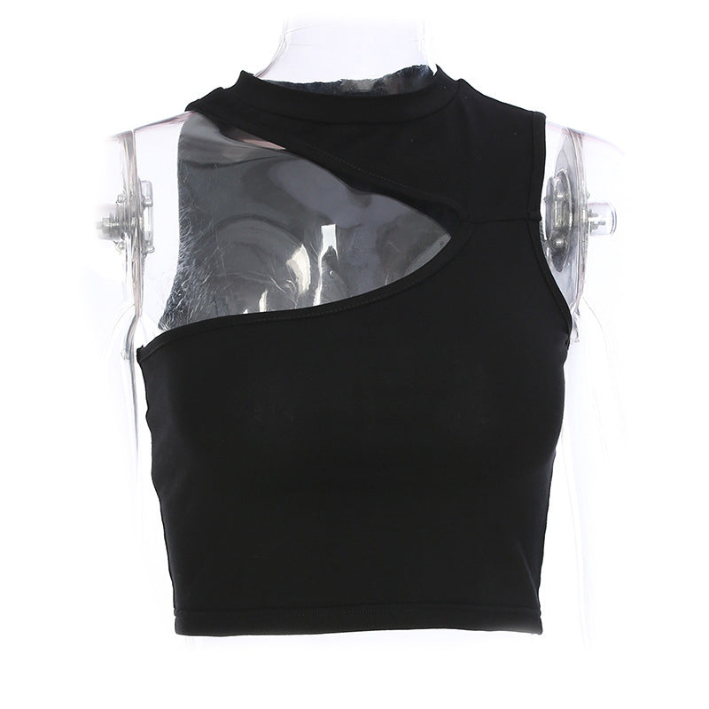 Summer black hollow neck tube crop top showcasing a unique open-shoulder design, perfect for gothic and rock outfits.