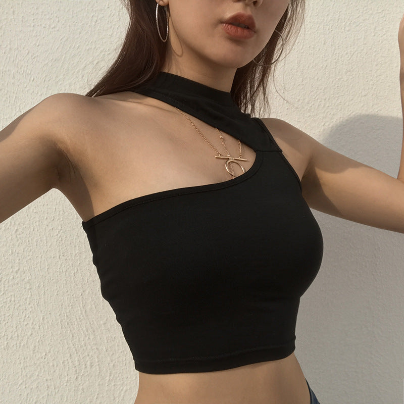 Women’s summer black hollow hanging neck tube crop top, stylish and comfortable for gothic and rock outfits.