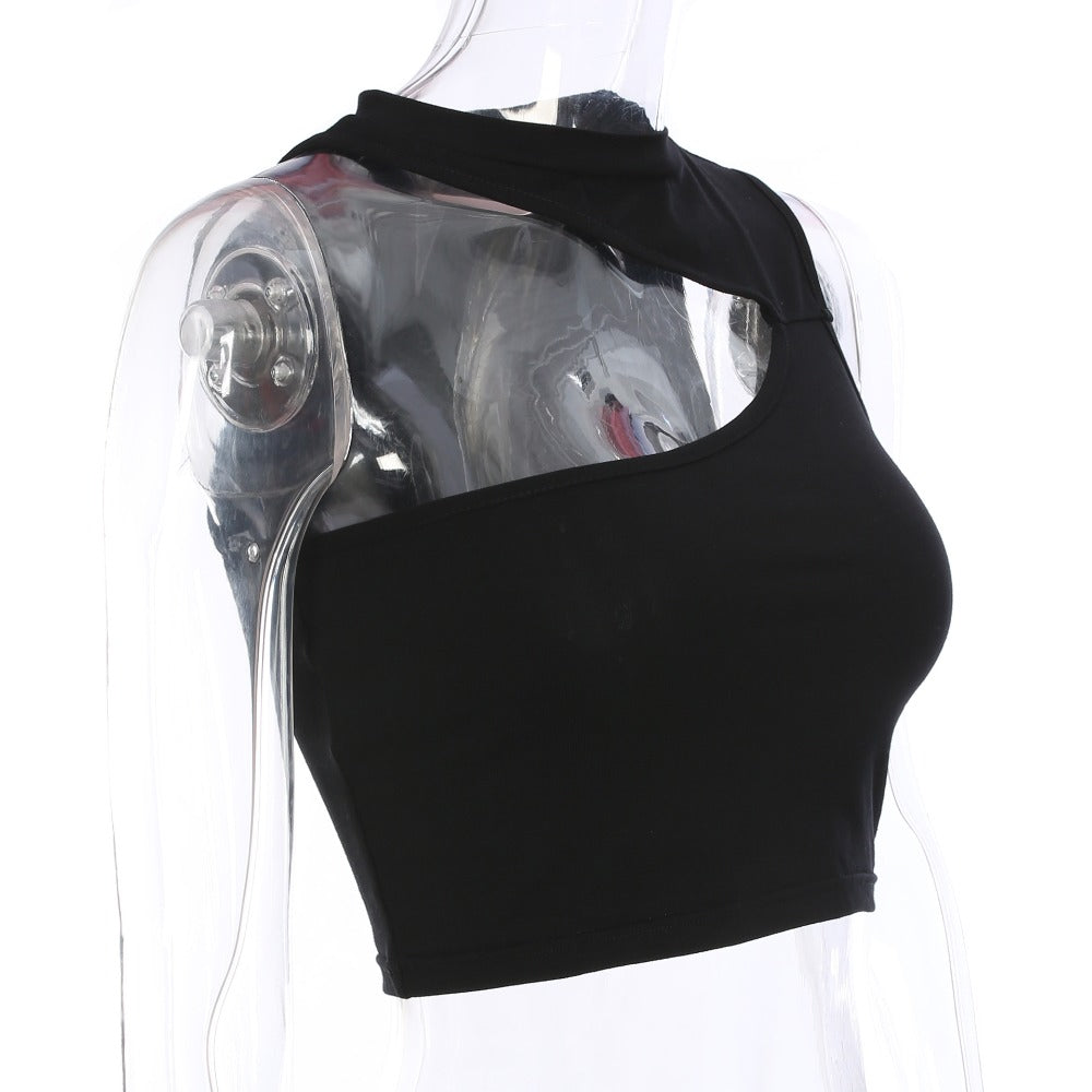 Summer black hollow hanging neck tube crop top for women, perfect for gothic and rock outfits.