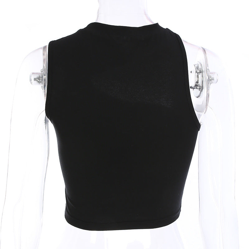 Back view of a women's black hollow neck crop top, perfect for summer fashion and gothic-inspired outfits.