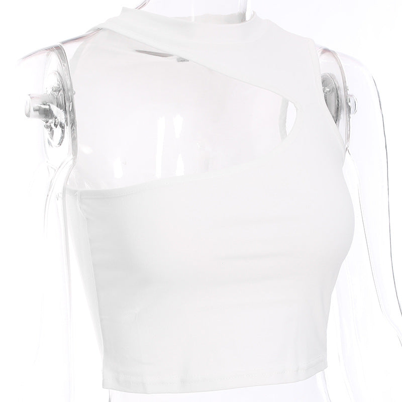 Women's white open-neck crop top with stylish cutout design, perfect for summer outfits.