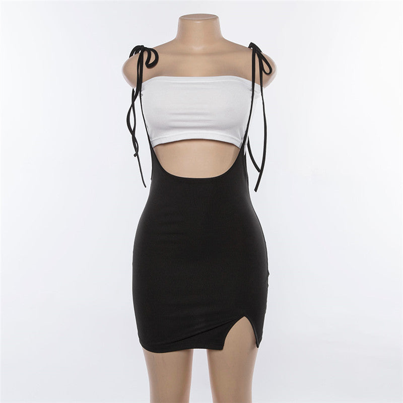 Women's summer black skirt with shoulder straps in alternative rock style, featuring a stylish cut and comfortable fit.