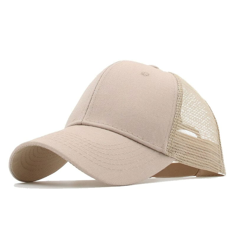 Summer breathable dad hat in beige, perfect unisex accessory for warm weather, featuring a comfortable mesh back.