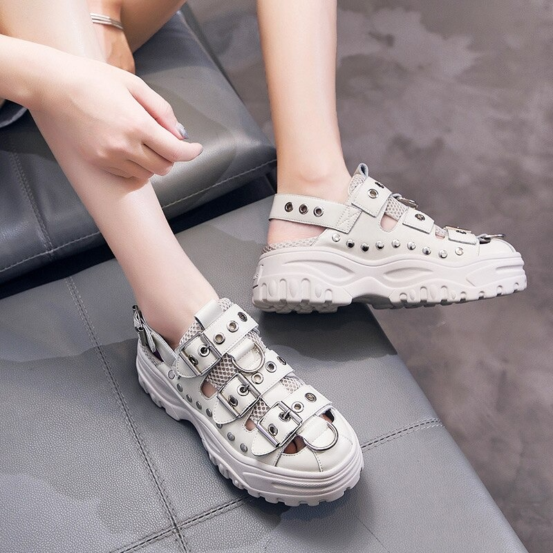 Summer Female Retro Shoes / Genuine Leather Platform Sandals with Rivets for Women - HARD'N'HEAVY