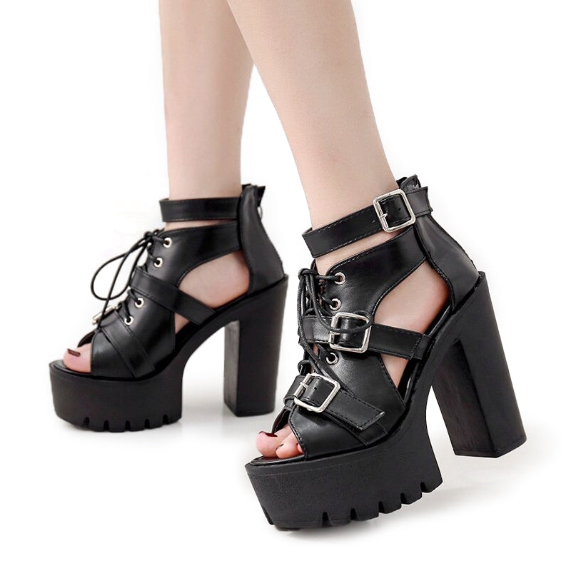 Sleek black summer open toe shoes with lace-up and buckle, perfect for goth or fashion styles, featuring a high platform.