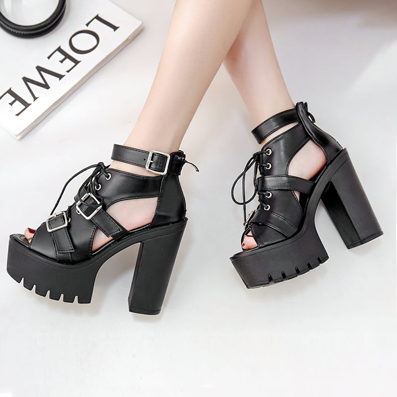 Summer Lady's Open Toe Shoes With Lace-Up And Buckle / Sexy Women's Shoes In High Heels - HARD'N'HEAVY