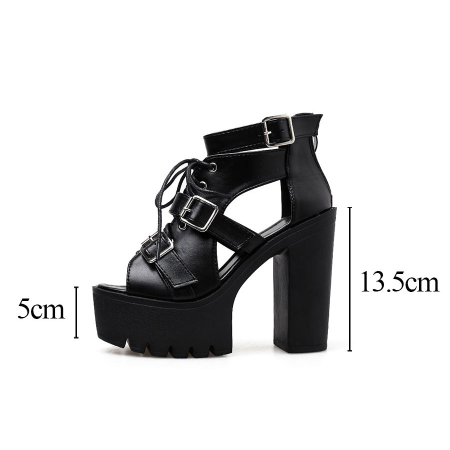 Black open toe high heel shoes with lace-up and buckle, featuring a stylish platform for summer goth fashion.