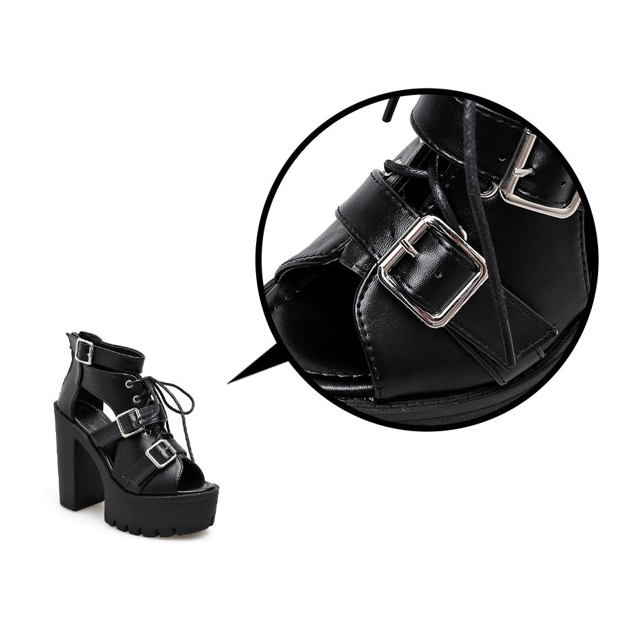 Summer black open toe women's shoes with lace-up and buckle, featuring a high platform for added style.