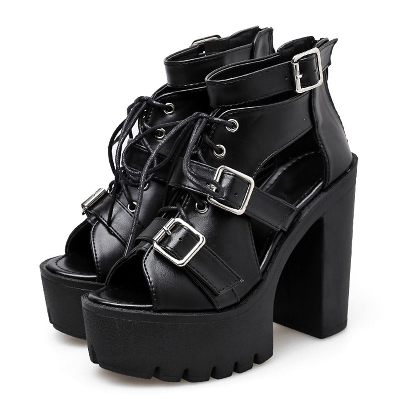 Goth style summer open toe shoes with lace-up and buckle, featuring high platform and classic black color.