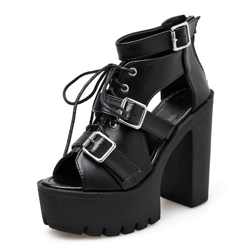 Summer lady's open toe shoes with lace-up and buckle, featuring a high platform and gothic style in classic black.