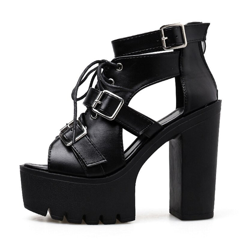 Summer Lady's Open Toe Shoes With Lace-Up And Buckle / Sexy Women's Shoes In High Heels - HARD'N'HEAVY