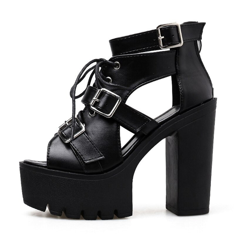 Summer open toe goth style high heel shoes with lace-up and buckle in classic black.