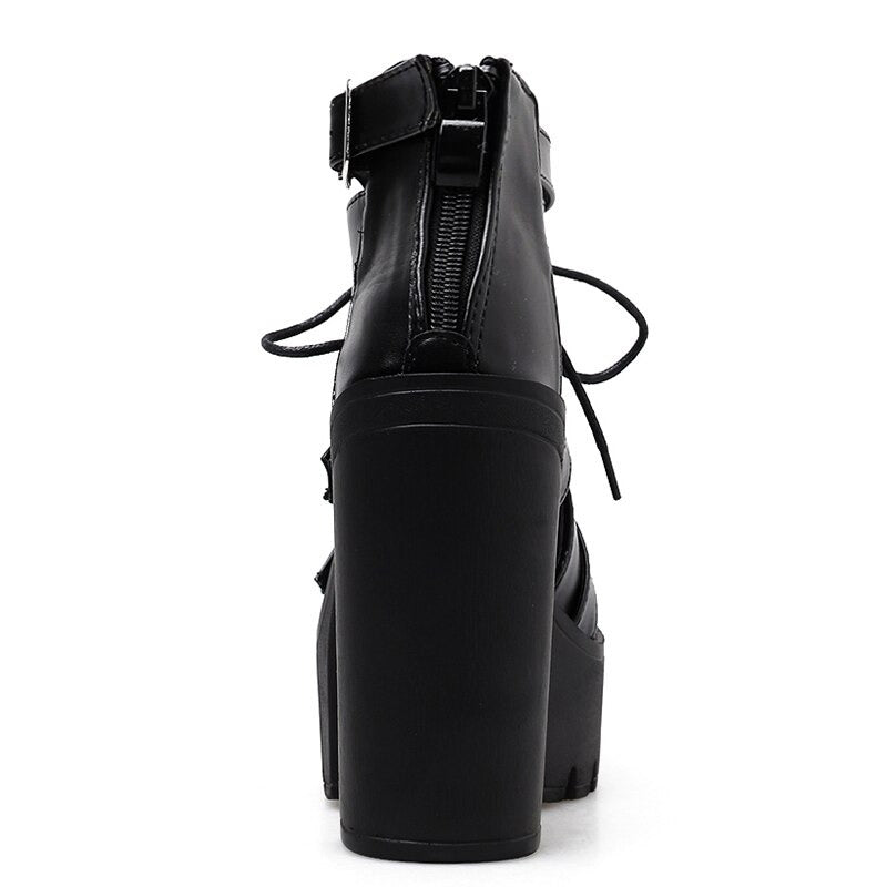 Stylish summer women's goth open toe shoes with high platform, lace-up design, and buckle detail in classic black color.