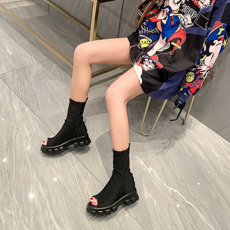 Summer Peep Toe Ankle Boots for Women / Solid Colors Stretch Shoes with Comfortable Platform - HARD'N'HEAVY