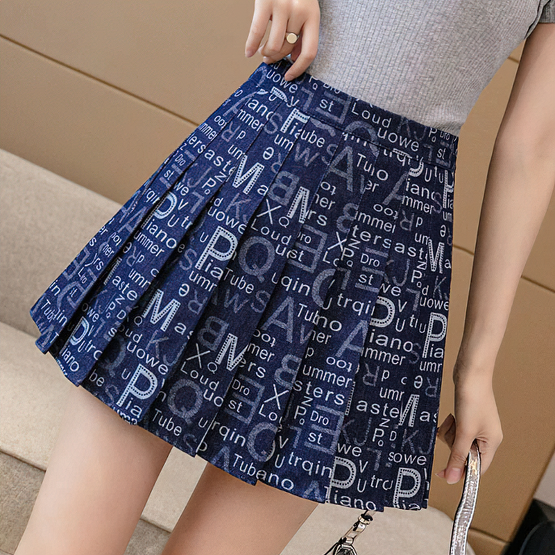 Summer pleated mini skirt for women, featuring a blue denim look with unique printed words and letters design.