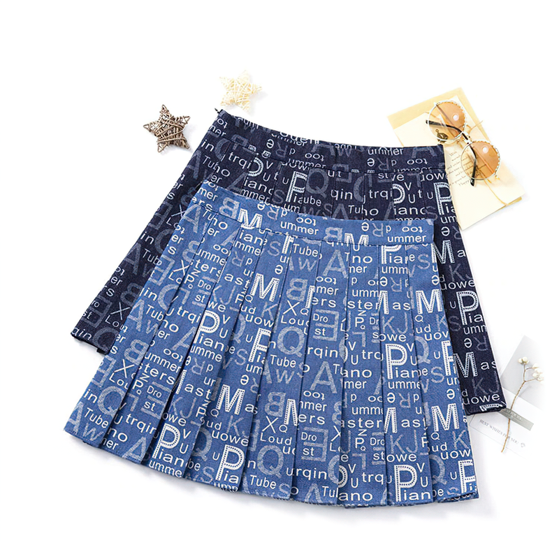 Summer pleated mini skirt in denim print with letters, perfect for alternative fashion enthusiasts.
