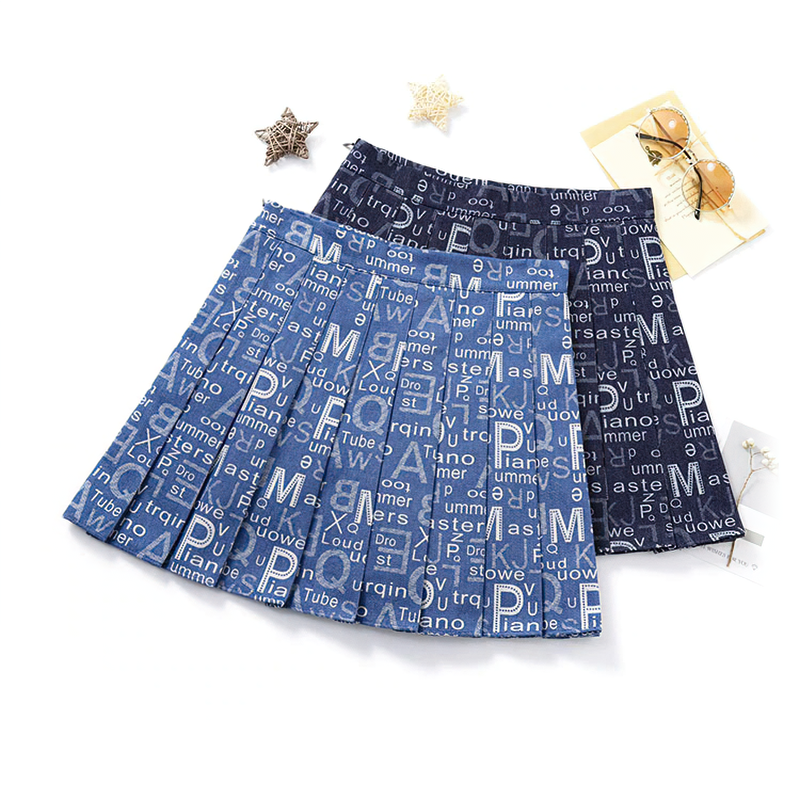 Summer pleated skirts for women featuring unique letter print designs in denim-like fabric, perfect for alternative fashion.
