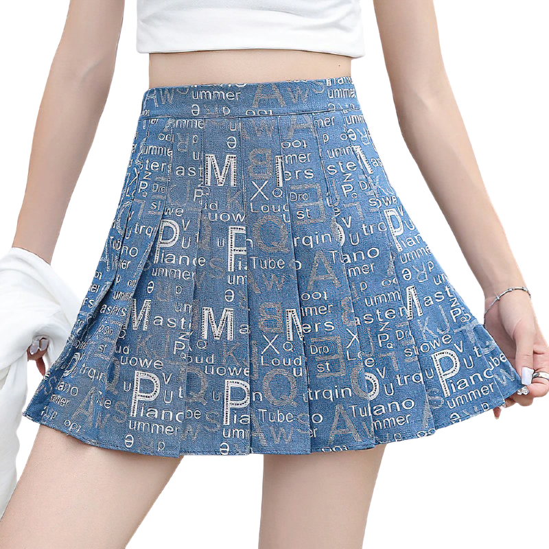Summer pleated mini skirt for women featuring denim look with printed letters, perfect for alternative fashion styles.
