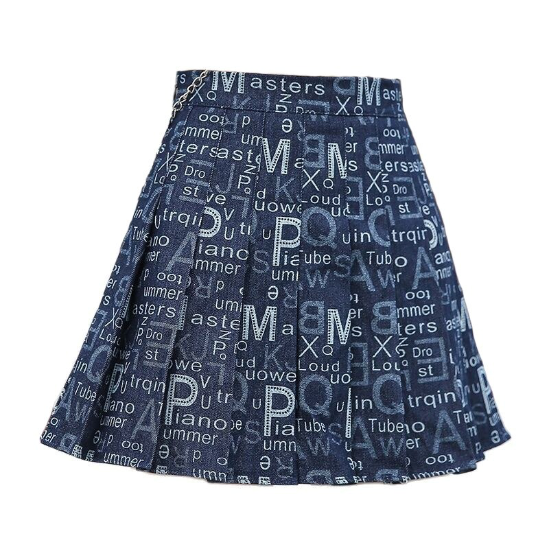 Summer pleated mini skirt for women featuring a unique print with words and letters on denim fabric.