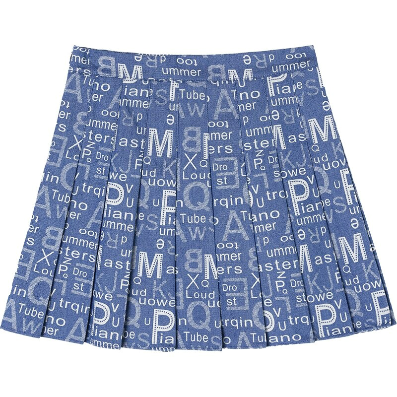 Summer pleated mini skirt for women, denim look with printed letters, perfect for alternative fashion styles.