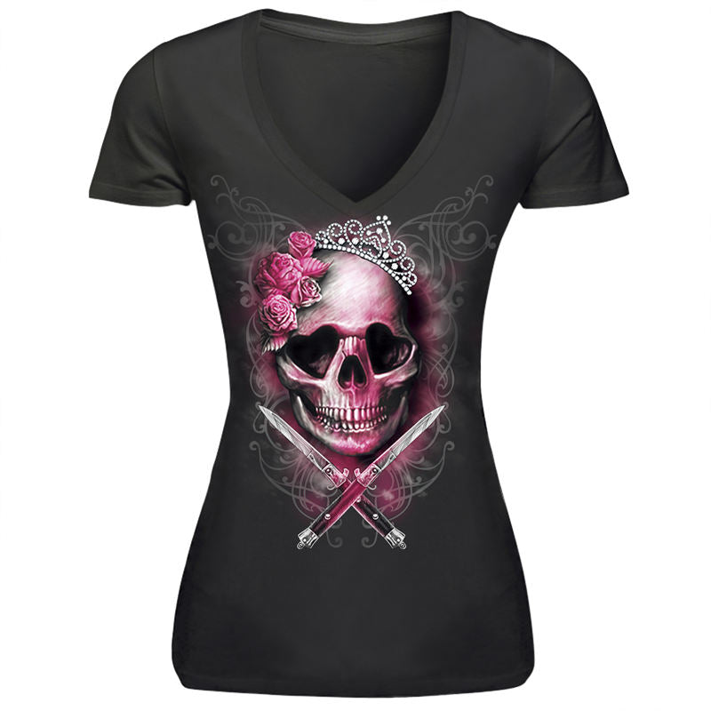 Summer Skull Princess Women T-Shirt / Black Sexy V-neck Rose Red Lips Print Tops - HARD'N'HEAVY