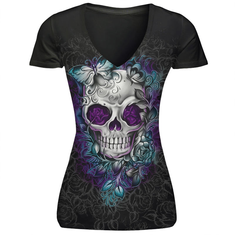 Summer Skull Princess Women T-Shirt / Black Sexy V-neck Rose Red Lips Print Tops - HARD'N'HEAVY