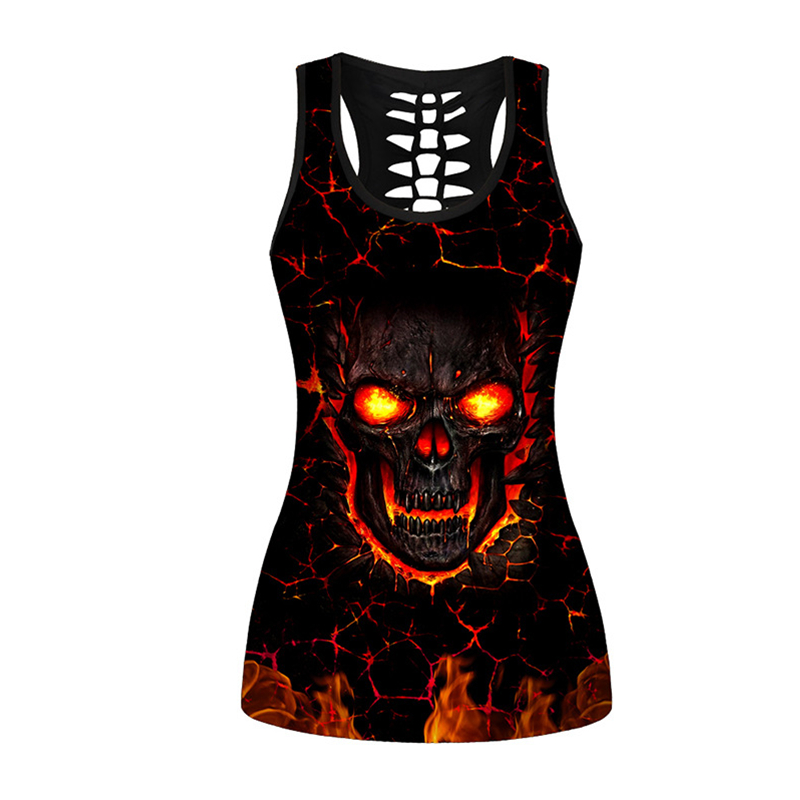 Gothic women's tank top featuring a fiery skull graphic and sexy lace back detail, perfect for alternative styles.