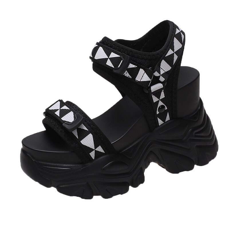 Summer super high platform sandals for ladies with black and white geometric design, perfect for alternative fashion.