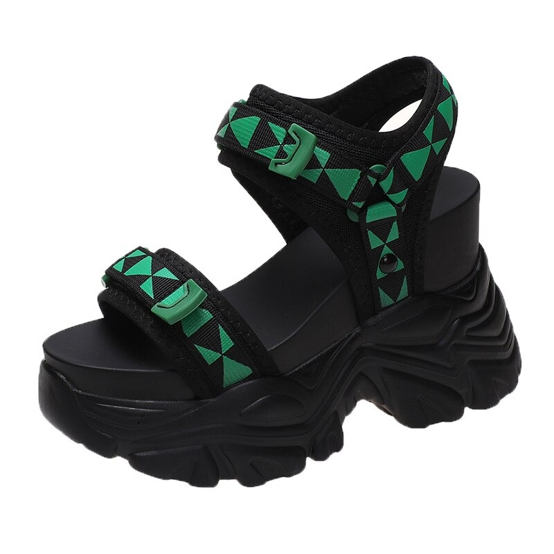 Summer super high platform sandals for ladies featuring black and green geometric design, perfect for alternative fashion.