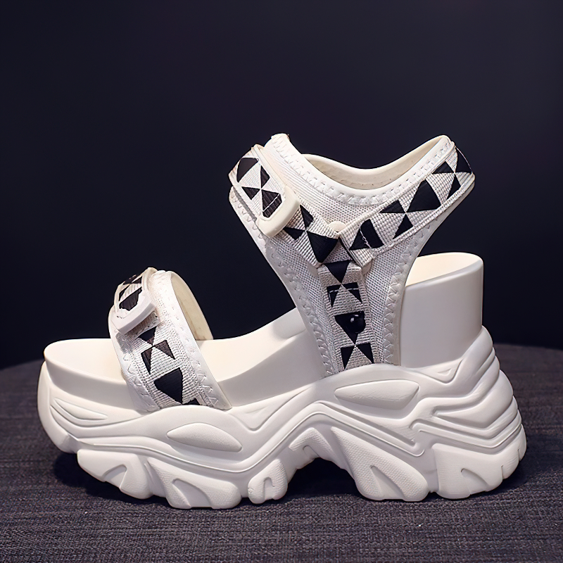 Summer super high platform sandals for ladies in white with black geometric patterns, perfect for alternative fashion.