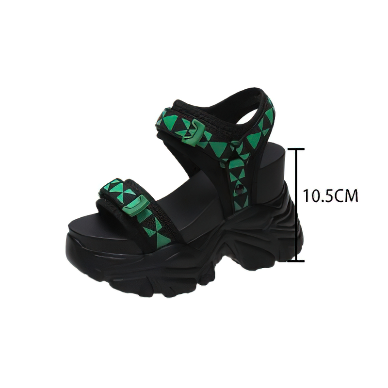 Stylish summer high platform sandals for women with 10.5cm heel, featuring black and green color mix for alternative fashion.