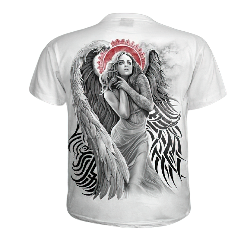 Gothic white short-sleeved T-shirt featuring a 3D print of a girl angel with wings.