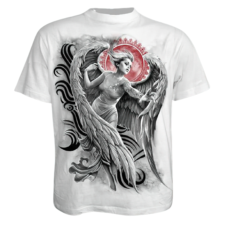 White gothic t-shirt with a 3D print of a girl angel and artistic black swirls, trendy unisex fashion.