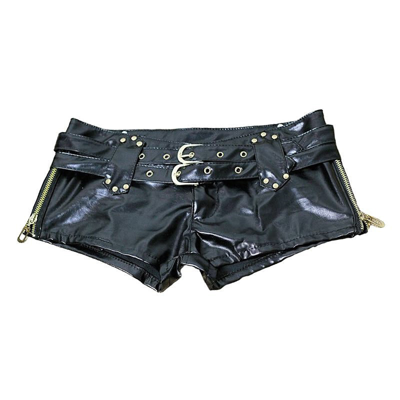 Summer women's black faux leather short shorts with belts and rivets for a rock style look.