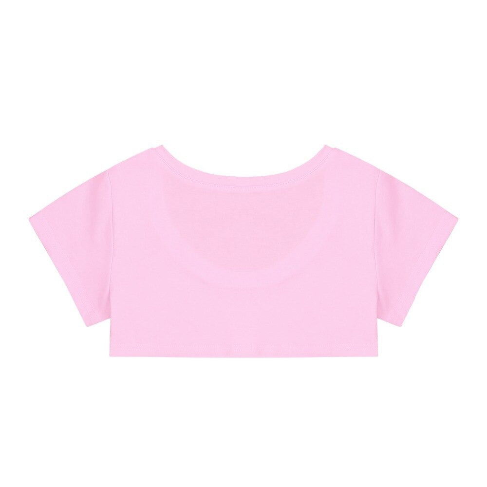 Back view of a super cropped pink t-shirt for women, featuring a scoop neck and short sleeves, perfect for summer nights.